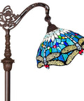 Dope Tiffany Style Stained Glass Floor Lamp With Sea Blue Dragonfly Pattern, 62 Inch Tall Industrial Dark Bronze Pole, 11 Inch Wide Shade