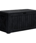 120 Gallon Outdoor Deck Box Heavy Duty Resin Construction Weatherproof Lockable Storage For Patio Furniture Garden Tools Pool Accessories 52 Inch Long 24 Inch Wide 25 Inch High Black, shown in side view
