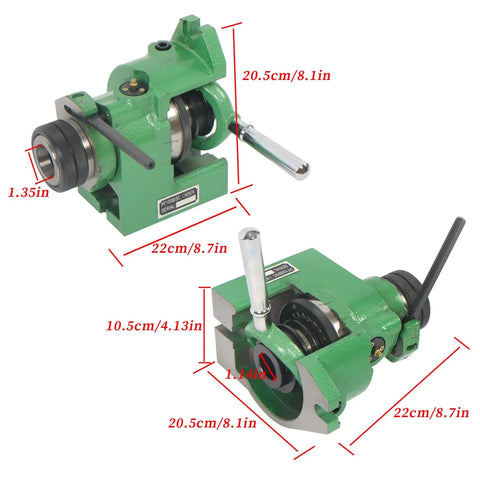 Heavy Duty Horizontal 5C Collet Spinning Indexing Chuck For Milling Setup With Super Kick Ass Rigidity And Spot On Repeatability Every Serious Machinist Needs This Game Changer dimensions displayed, green color, precision engineering design.