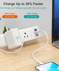 Clamp On Desk Power Strip With USB C Three Outlets Desktop Mount 6.5 Ft Extension Cord White Finish in use with phone charging