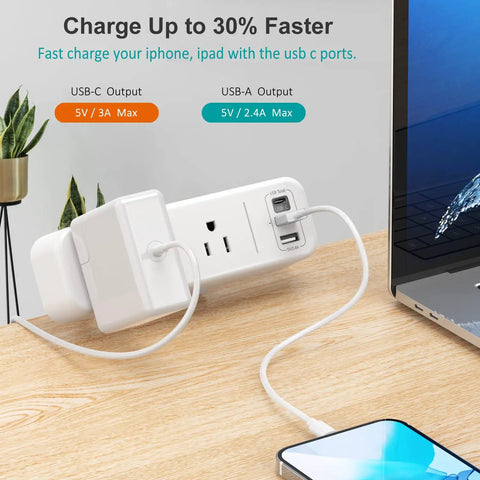 Clamp On Desk Power Strip With USB C Three Outlets Desktop Mount 6.5 Ft Extension Cord White Finish in use with phone charging