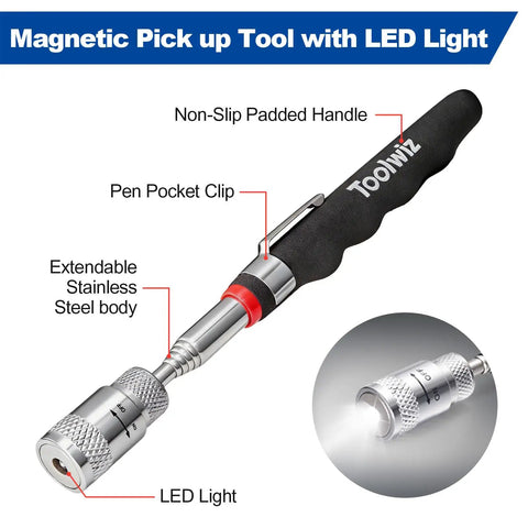 Must Have 17 Inch Rolling Magnetic Sweeper With Led Light And 8 Pound Telescopic Magnetic Pickup Tools close-up view