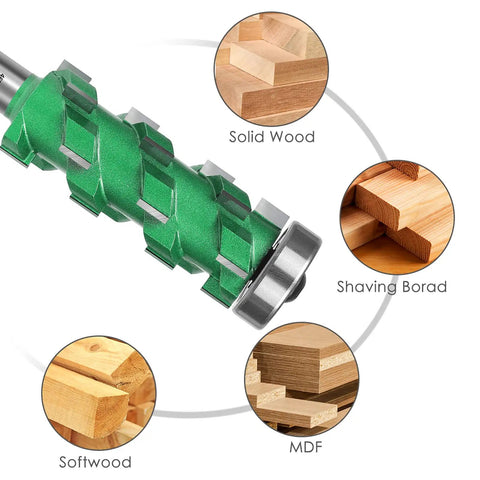 Close-up of Pro Grade Flush Trim Router Bit with twenty carbide tips, showing wood compatibility like solid wood, MDF, and more.