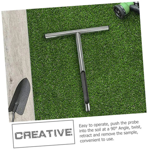 Stainless Steel Soil Sampler Probe with T-Handle on grass, ideal for quick, accurate soil testing in gardens and farms.