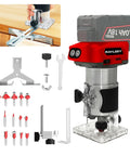 Slick Cordless Palm Router With Fast Brushless Motor And Complete 15 Pc Quarter Inch Shank Bit Kit For Flawless Wood Trimming And Easy Custom Slotting Jobs featuring trimmer and accessories.