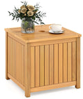 2 In 1 Outdoor Side Table With Storage in acacia wood slatted design with umbrella hole, removable base, square storage for poolside use.