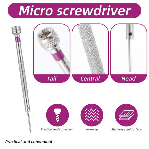 Close-up of micro screwdriver, highlighting tail, central grip, and head; part of All-In-One 500-Piece Micro Screw Repair Kit with Tweezers.