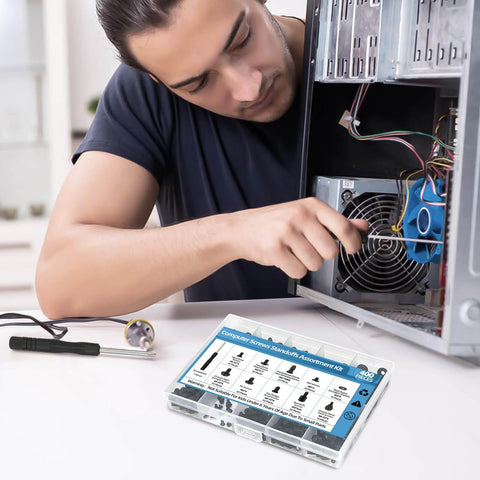 Man using 400Pcs Computer Screws Assortment Kit With Screwdriver And Standoffs For Universal Motherboard, HDD, SSD, PC Case