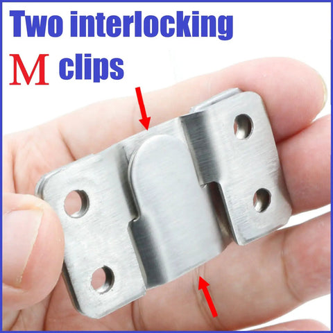 Two interlocking M clips made of stainless steel for Built Like A Tank French Cleat Picture Hanging Kit.