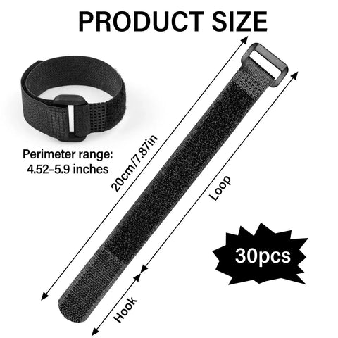 30 Pack Reusable Cable Ties 8 Inch Straight Up Heavy Duty Hook And Loop Velcro Straps For Hassle Free Wire Management and Total Game Changer Clutter Solution Home Office PC Desk Cord Organizer Rack product size showing 8 inch velcro strap and hook.