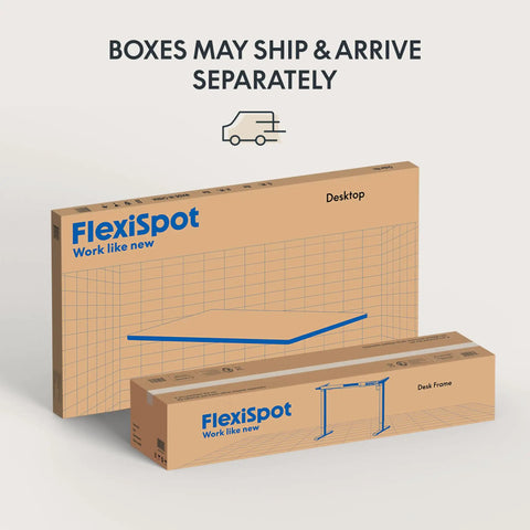 En2 Standing Desk With Clamp Power Strip And Built-In USB Outlets packaging showing boxes for frame and desktop separately