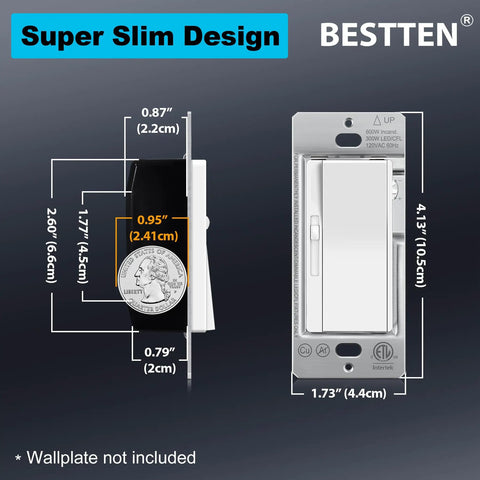 3 Pack Quiet Slide Dimmer Light Switches, Ultra Slim Rocker, No Fuss Install, Single Pole Or Three Way Dimmable, 300W LED And CFL, 600W Incandescent, ETL Listed, White ultra slim wall switch with size measurements