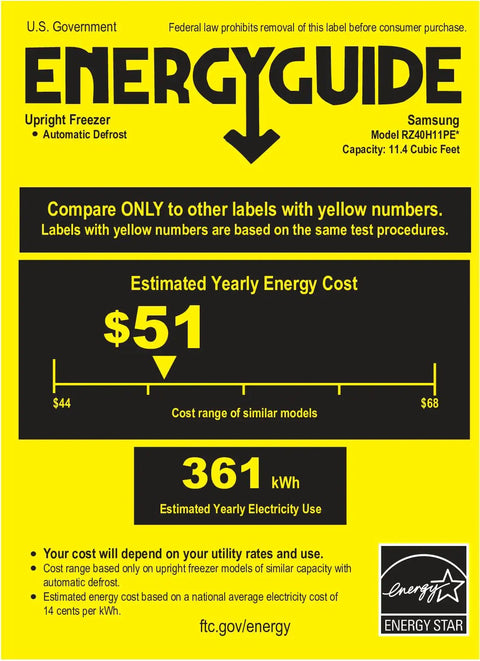 Energy Guide label for Samsung Large 11 Cubic Foot Convertible Upright Freezer And Fridge Flip Featuring Even Airflow.