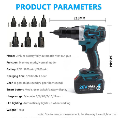 26V Cordless Rivet Tool with 5200mAh Battery Automatic Electric Rivet Gun for Stainless Steel Aluminum and Steel Rivets Fits M3 To M12 No Wire Needed Easy One Hand Setup and Fast Nut Rivet Installation for DIYers and Pros, with size chart and attachments