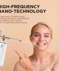 Rechargeable Handheld High Pressure Facial Micro Nano Mist Injector Sprayer Portable Cordless Spray Gun Compressor Nano Facial Steamer in use
