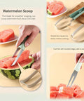 3 In 1 Stainless Steel Watermelon Slicer Set With Melon Scooper And Rounded Edge Fruit Fork in use cutting watermelon