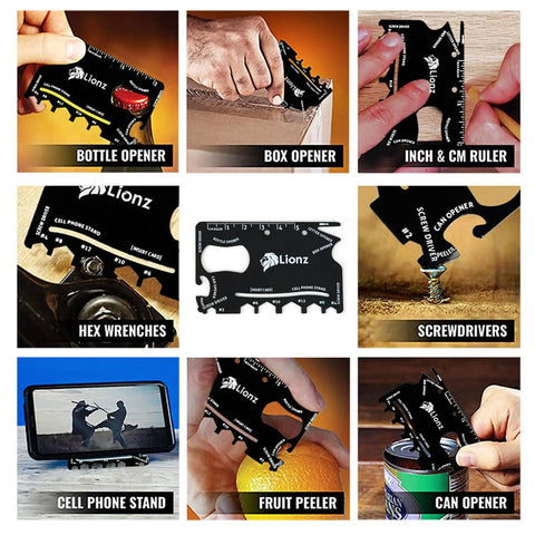 Multi-tool with bottle opener, box cutter, ruler, wrenches, screwdriver, phone stand, fruit peeler, and can opener.