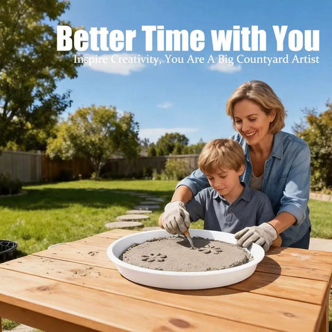 Mother and son using Round Stepping Stone Molds 4 Pack For Concrete, 10.2 Inch Diameter And 1.18 Inch Deep in garden setting.