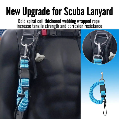 Scuba Diving Spring Clip Lanyard with thick stainless steel spring coil and quick release buckle attached to life jacket strap.