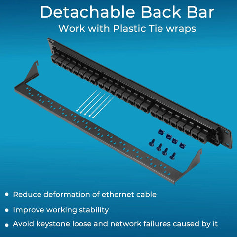 24 Port Cat6 Patch Panel With Inline Keystone 10G Support Plug And Play, removable back bar with screws, blue background.