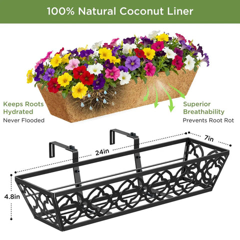 Adjustable Deck Railing Planter Boxes For Balcony Gardens Fits Railings From 2.1 To 6.3 Inches with coco liner, 24 inch long