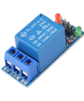 Five Volt One Channel Relay Module With Opto Isolation And High Low Level Trigger for Arduino, blue circuit board with terminals and LEDs.