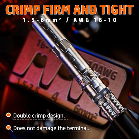 Close-up of AWG 16-10 crimper from All-In-One Solar Crimp Tool Kit With firm crimp and double crimp design on metal terminal.