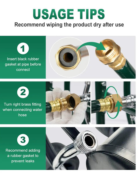 Usage tips for connecting the Heavy Duty Garden Hose Reel Cart With Four PU Wheels And Storage Basket Holds Up To 300 Ft Of 5/8 Inch Hose