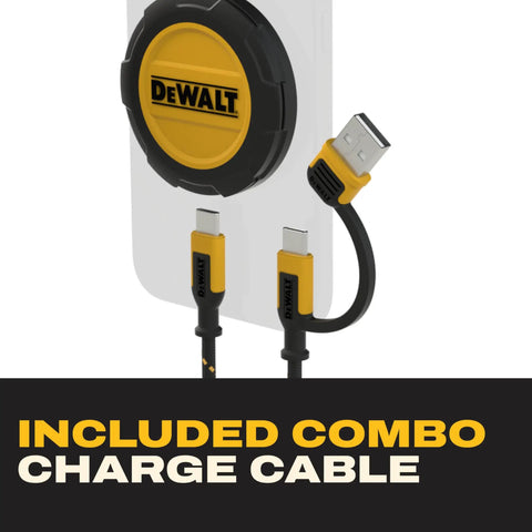 Included combo charge cable with DeWalt branding, shown in packaging and featuring USB connectors.