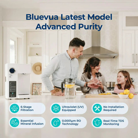 Family in kitchen using Countertop Reverse Osmosis Water Filtration System With UV Light And Remineralization Six Stage Portable RO Filtration