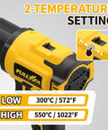 Cordless Heat Gun Kit With Dual Temp Up To 1022 F, 550 C, showing two temperature settings in yellow, close-up view.