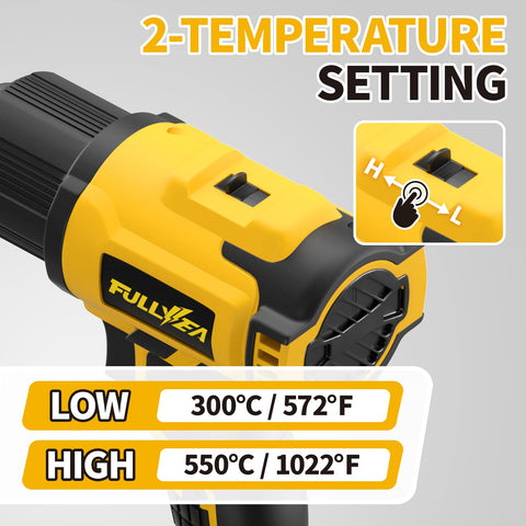 Cordless Heat Gun Kit With Dual Temp Up To 1022 F, 550 C, showing two temperature settings in yellow, close-up view.