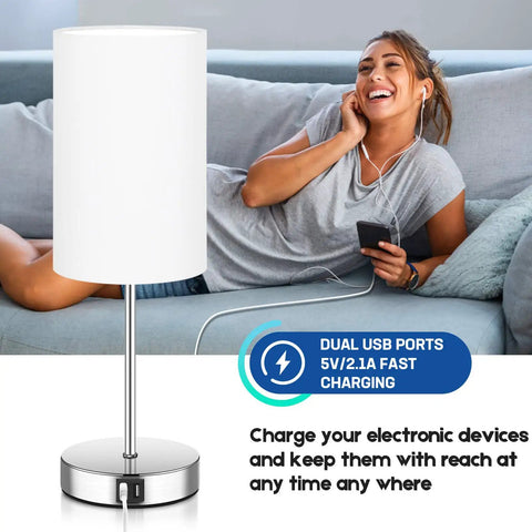 Set Of 2 Touch Control Table Lamps With 3 Way Dimming USB Ports And AC Outlet Brushed Nickel Bedside Lamps With White Shades