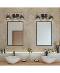 Bramlett Bath And Vanity Light In Nickel Finish With Vintage Industrial Style above modern dual sinks and mirrors