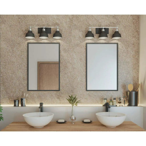 Bramlett Bath And Vanity Light In Nickel Finish With Vintage Industrial Style above modern dual sinks and mirrors