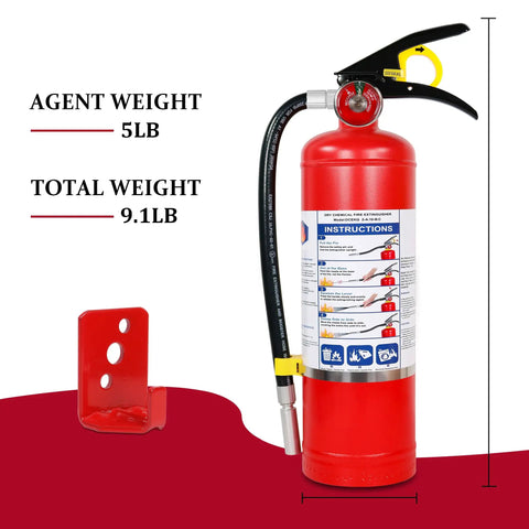 Four Pack ABC Dry Chemical Fire Extinguishers Five Pound All In One Safety Kit showing 5 lb red unit with mounting bracket and instructions.