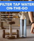 Person holding Hard Sided BPA Free Filtering Water Bottle With Premium Filter 26 Oz at gym, reducing chlorine taste and odor