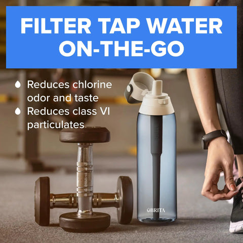 Person holding Hard Sided BPA Free Filtering Water Bottle With Premium Filter 26 Oz at gym, reducing chlorine taste and odor