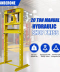 Badass 20 Ton Hydraulic Shop Press Hella Sturdy H Frame Build With Slick Adjustable Work Table And Smooth Acting Ram For Tough Garage Automotive Fixes In Bright Yellow Paint shown in a garage setting.