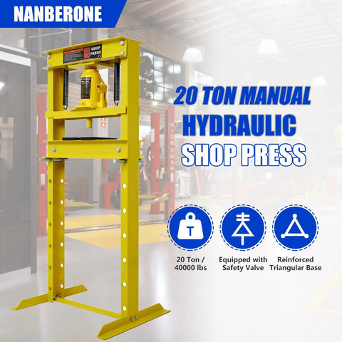 Badass 20 Ton Hydraulic Shop Press Hella Sturdy H Frame Build With Slick Adjustable Work Table And Smooth Acting Ram For Tough Garage Automotive Fixes In Bright Yellow Paint shown in a garage setting.