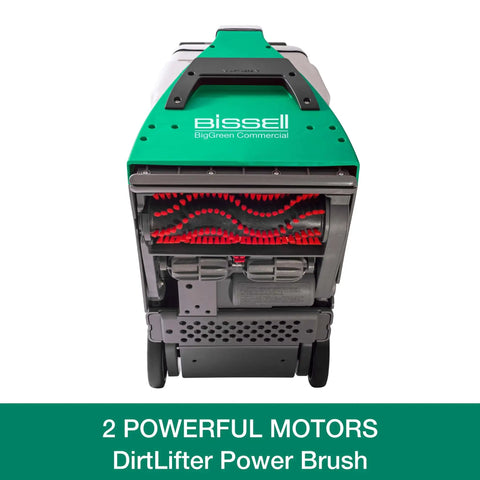 Front view of BigGreen Commercial BG10 Deep Cleaning Two Motor Carpet Extractor Machine showing underside with brushes.