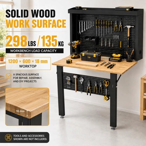Wall Mounted Fold Down Workbench With Pegboard Organizer in natural wood brown, loaded with tools, showing worktop dimensions.