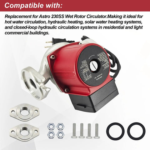 Direct Replacement 110223306 Wet Rotor Circulator Pump for Knockout Hydronic Heating with accessories for installation.