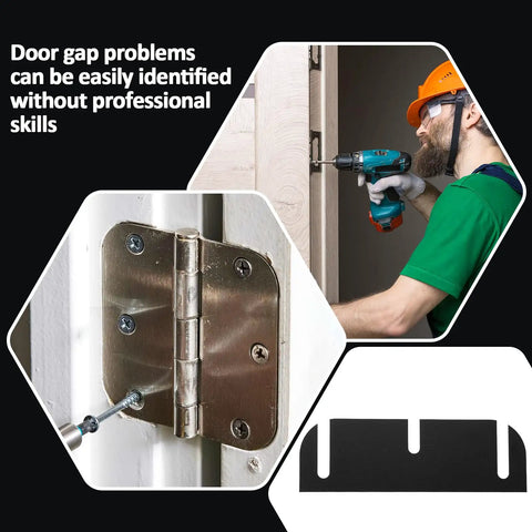 Worker using tool to adjust door hinge with 10 Pack 3.5 Inch Black Door Hinge Shims ABS Plastic Repair Kit visible nearby