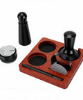 Top Shelf Espresso Setup 51mm Spring Loaded Tamper Set With 7 Pro Premium Barista Tools And Sapele Wood Station displayed on a wooden tray.