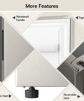 More features of No Brainer 14 Cu Ft Upright Freezer Convertible Fridge: recessed handle, tight seal, adjust feet, reversible door.