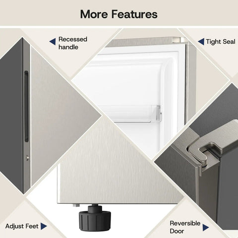More features of No Brainer 14 Cu Ft Upright Freezer Convertible Fridge: recessed handle, tight seal, adjust feet, reversible door.