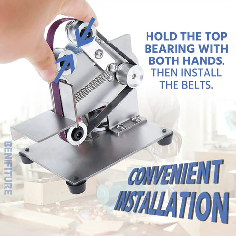 Mini Belt Sander Kit With 15 Abrasive Belts, 7 Speed Adjustable Edge Sharpening Tool, installation step with top bearing held