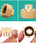 Brass Hex Swivel Garden Hose Connector Adapter Two Pack One Quarter Inch NPT To Three Quarter Inch Female Garden Hose Thread Lead Free Fitting For Fuel Water Air Oil Gas WOG With Ten Millimeter Allen Wrench To Prevent Turning, brass adapter close-up with gasket