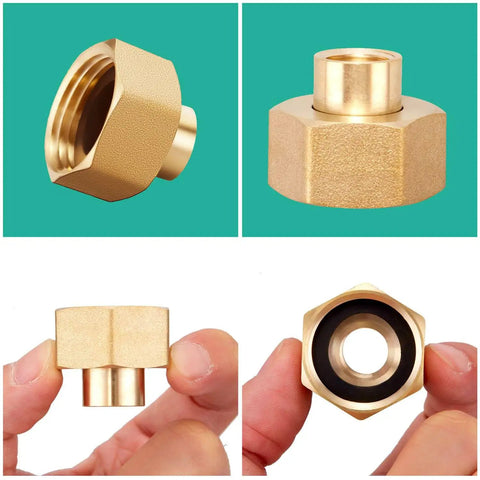 Brass Hex Swivel Garden Hose Connector Adapter Two Pack One Quarter Inch NPT To Three Quarter Inch Female Garden Hose Thread Lead Free Fitting For Fuel Water Air Oil Gas WOG With Ten Millimeter Allen Wrench To Prevent Turning, brass adapter close-up with gasket